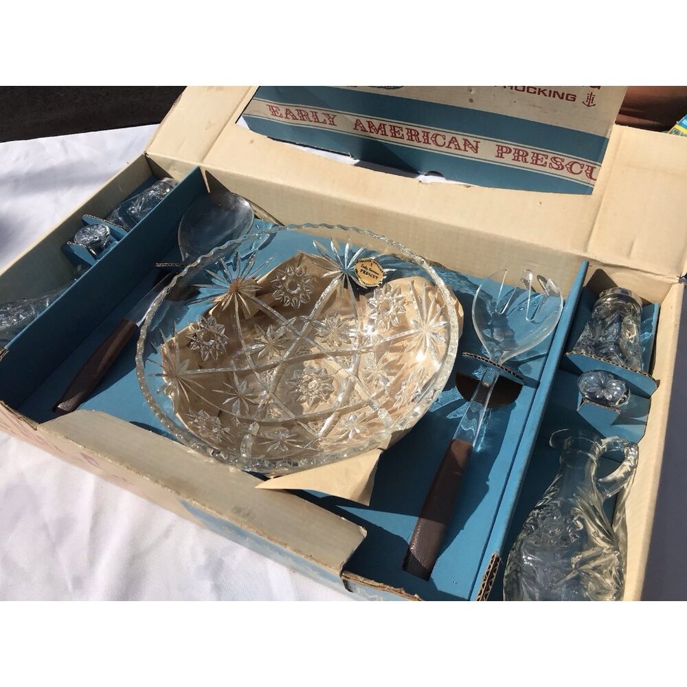 Vtg 60s NOS Anchor Hocking Early American Prescut Glass Salad Set #700/754 MCM
